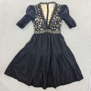 Twosisters The Label Dress Womens XS Black Lace Puff Sleeve Midi A Line Party